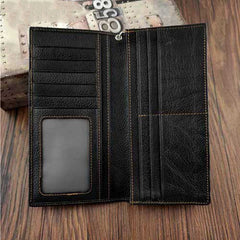 Badass Black Leather Men's Punk Long Biker Chain Wallet Skull Bifold Chain Long Wallet For Men - iwalletsmen