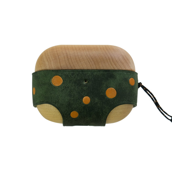 Green Spotted Wood Leather AirPods Pro Case with Strap Leather 1,2 AirPods Case Airpod Case Cover - iwalletsmen