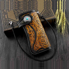 Handmade Tooled Black Leather Mens Biker Chain Wallet Long Biker Wallet with Chain for Men - iwalletsmen