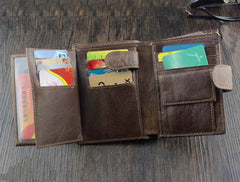 Brown Leather Men's Trifold Small Biker Wallet Chain Wallets Badass Wallet with chain For Men - iwalletsmen