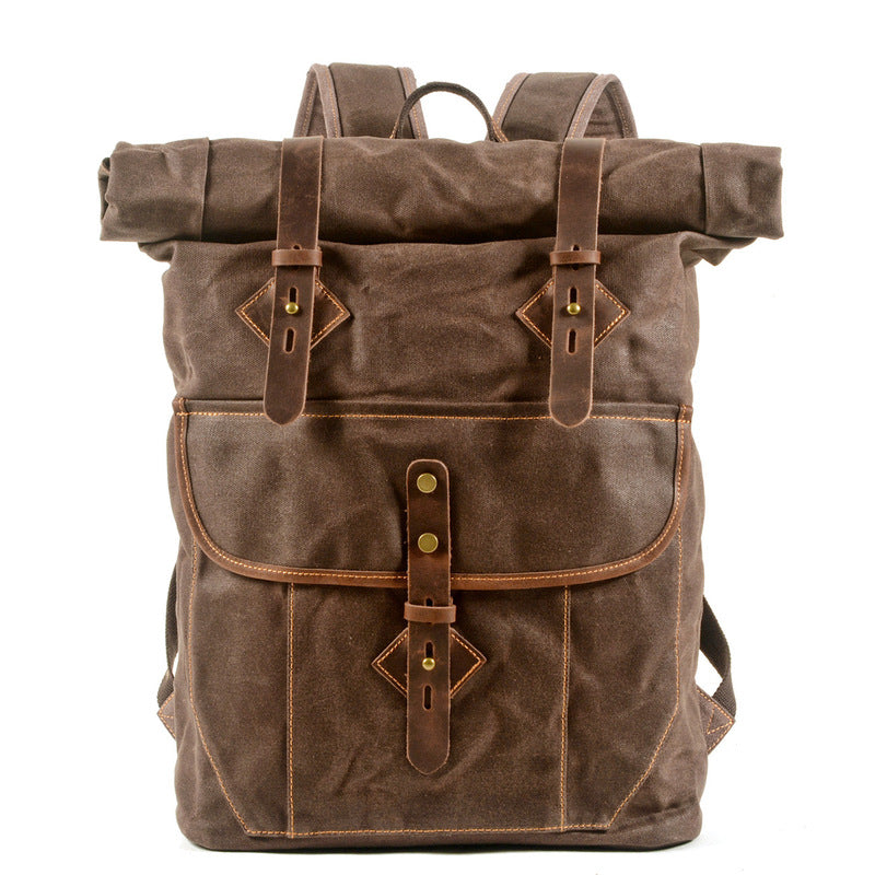 Coffee Waxed Canvas Mens Rollup Backpack Canvas Travel Backpack Waterproof Hiking Backpack For Men - iwalletsmen