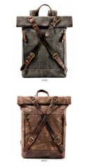 Gray Waterproof Canvas Mens Rollup Backpack Travel Backpack Waxed Canvas Hiking Backpack For Men - iwalletsmen