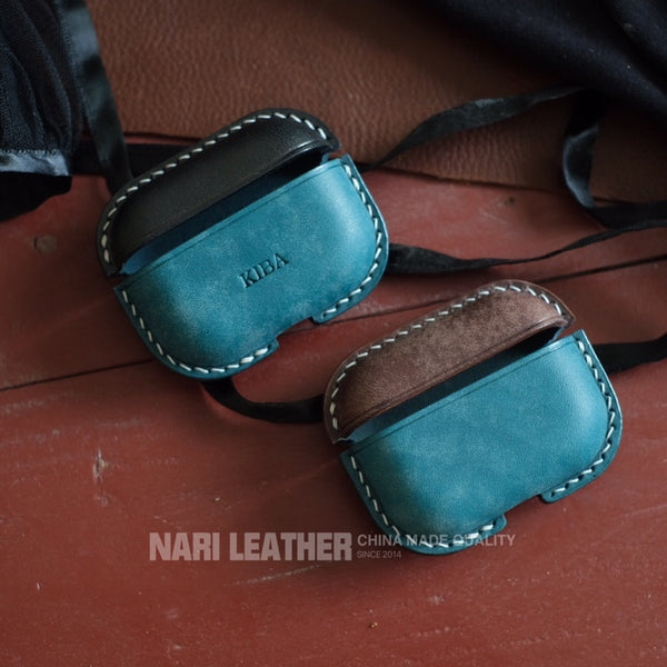 Personalized Blue&Black Leather AirPods Pro Case Custom Christmas Blue&Black Leather Pro AirPods Case Airpod Case Cover