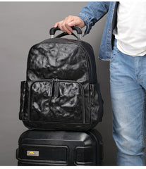 Black Leather Mens Backpack 15'' Laptop Rucksack Wrinkle School Backpack For Men