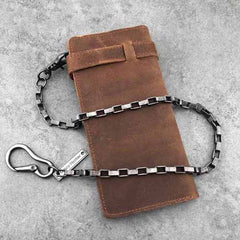 Vintage Brown Leather Men's Long Biker Chain Wallet Brown Badass Bifold Long Wallet with Chain For Men - iwalletsmen