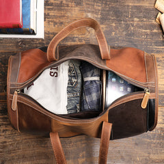 Leather Mens Travel Bag Color Blocks Weekender Bag Barrel Duffle Bag Overnight Bag for Men