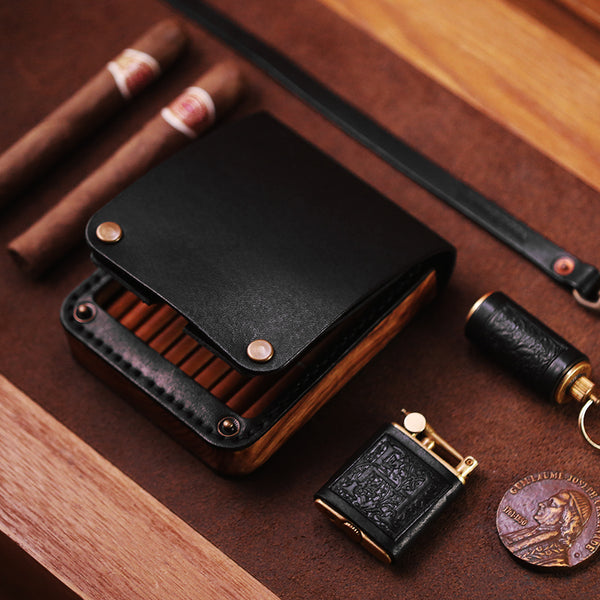 Cool Wooden Leather Mens Cigarette Case Black Custom Cigarette Holder for Men - iwalletsmen