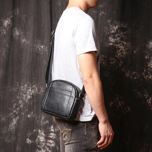 Men's Black Leather Small Messenger Bag Small Side Bag Black Courier Bag For Men - iwalletsmen