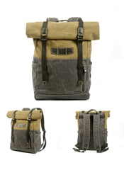 Khaki Waterproof Mens Rollup Backpack Canvas Travel Backpack Waxed Canvas Hiking Backpack For Men - iwalletsmen