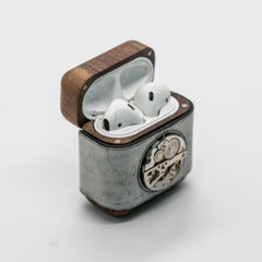 Leather Wood AirPods 1,2 Case with Black Watch Movement Handmade Custom Leather AirPods 1,2 Case Airpod Case Cover - iwalletsmen
