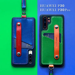 Handmade Black Leather Huawei P30 Case with Card Holder CONTRAST COLOR Huawei P30 Leather Case - iwalletsmen