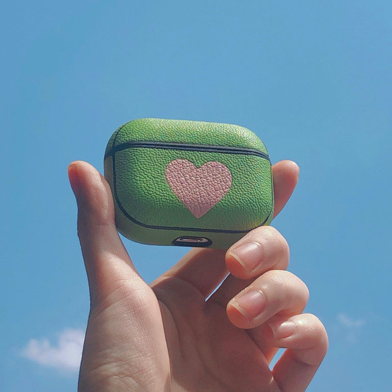 Personalized Green&Pink Heart Leather AirPods 1/2 Case Custom Green Leather Pro AirPods Case Airpod Case Cover