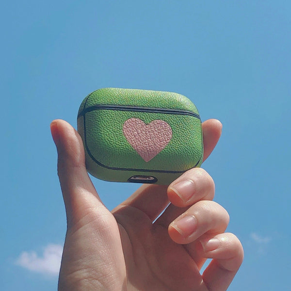 Personalized Green&Pink Heart Leather AirPods 1/2 Case Custom Green Leather Pro AirPods Case Airpod Case Cover