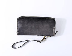 Handmade Black Leather Mens Long Leather Green Wallet Zipper Yellow Clutch Wallet for Men - iwalletsmen