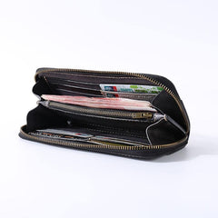 Handmade Black Leather Mens Long Leather Green Wallet Zipper Yellow Clutch Wallet for Men - iwalletsmen