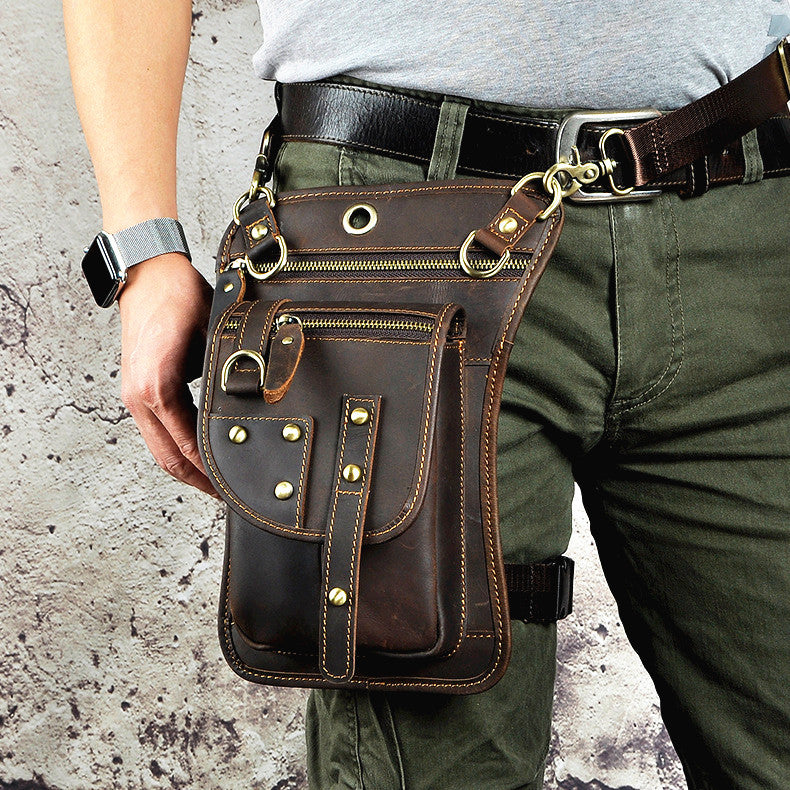 Cool Dark Brown Leather Mens Drop Leg Bag Belt Pouch Small Side Bag Sh –  iChainWallets