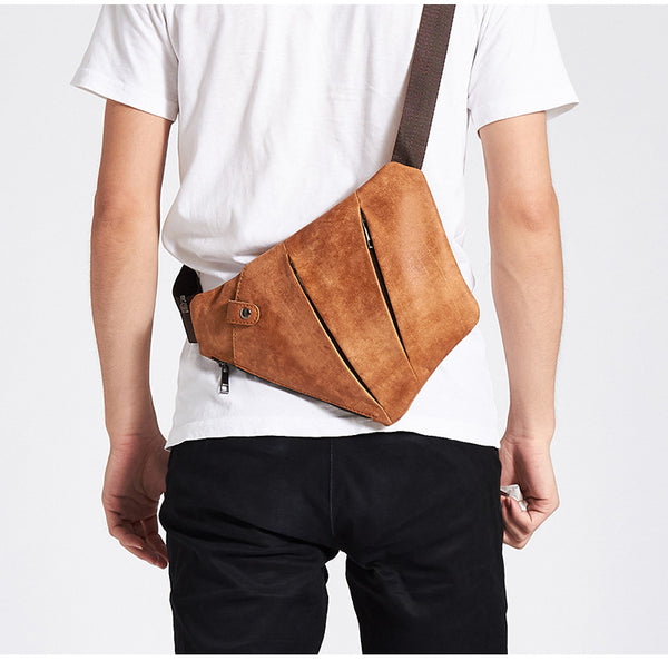 Cool Leather Brown Men's Sling Bag Chest Bag Black Crossbody Backpack For Men - iwalletsmen