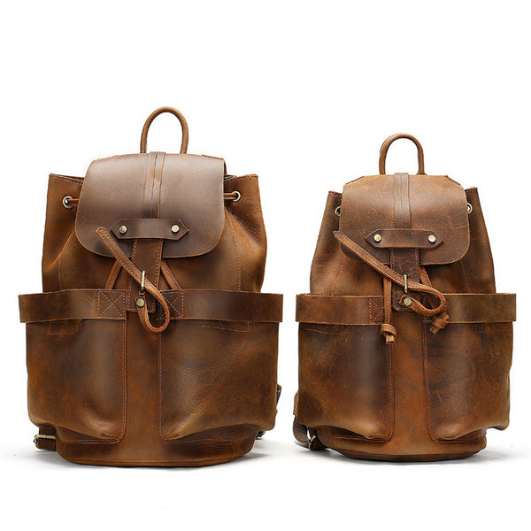 Vintage Leather Men's Barrel Backpack Travel Backpack Brown College Backpack For Men - iwalletsmen