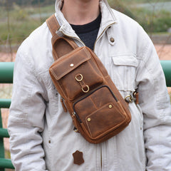 Cool Brown Leather Men's Sling Bag Chest Bag Brown One Shoulder Backpack For Men - iwalletsmen