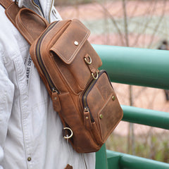 Cool Brown Leather Men's Sling Bag Chest Bag Brown One Shoulder Backpack For Men - iwalletsmen