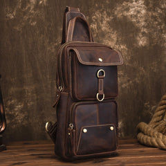 Cool Brown Leather Men's Sling Bag Chest Bag Brown One Shoulder Backpack For Men - iwalletsmen