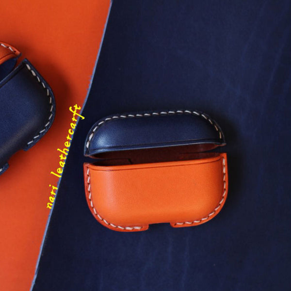 Personalized Blue&Orange Leather AirPods Pro Case Custom Orange&Blue Leather Pro AirPods Case Airpod Case Cover