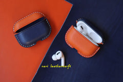 Personalized Orange&Blue Leather AirPods Pro Case Custom Blue&Orange Leather Pro AirPods Case Airpod Case Cover