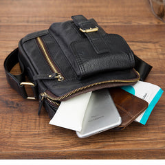Vintage Black Leather Men's Small Vertical Side Bag Brown Shoulder Bag Handbag For Men - iwalletsmen
