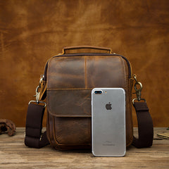 Vintage Brown Leather Mens Small Vertical Side Bags Shoulder Bags Messenger Bag For Men - iwalletsmen