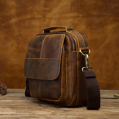 Vintage Brown Leather Mens Small Vertical Side Bags Shoulder Bags Messenger Bag For Men - iwalletsmen