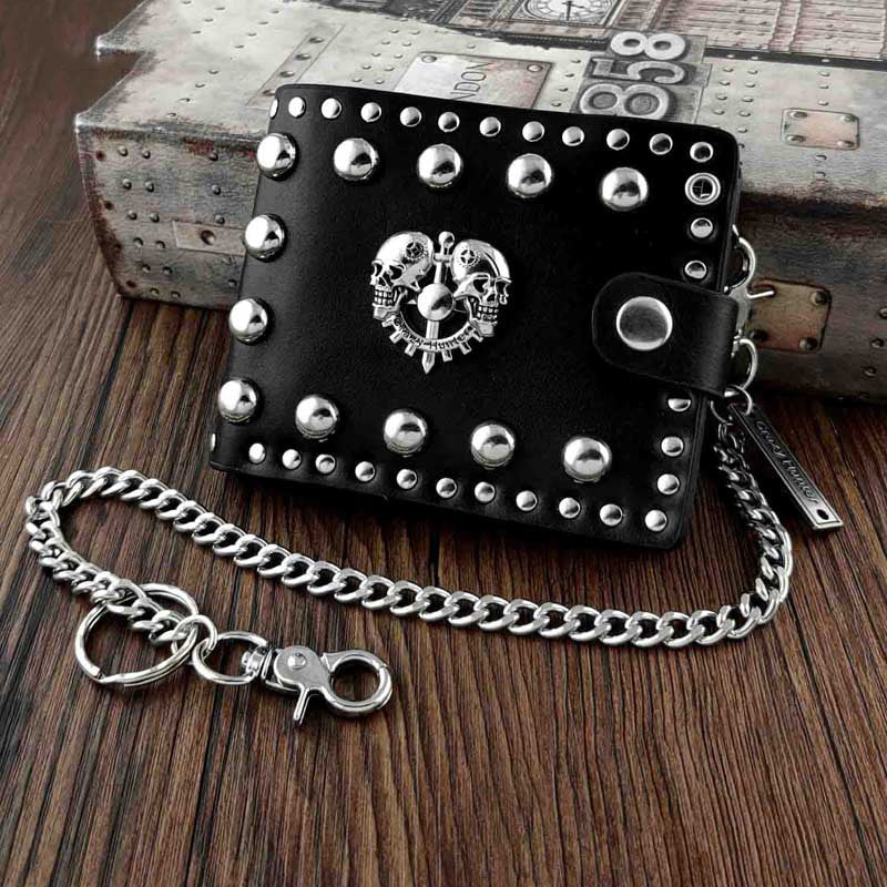 Punk Black Leather Men's Small Biker Wallet Chain Wallet Skull billfold Wallet with Chain For Men - iwalletsmen