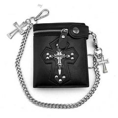 Punk Black Leather Men's Small Biker Wallet Chain Wallet Skull Cross billfold Wallet with Chain For Men - iwalletsmen