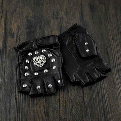 Mens Punk Skull Black Cool Leather Half-Finger Rock Gloves Motorcycle Gloves Black Biker Gloves For Men - iwalletsmen