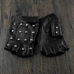 Cool Mens Punk Black Leather Half-Finger Rock Gloves Motorcycle Gloves Black Biker Gloves For Men - iwalletsmen