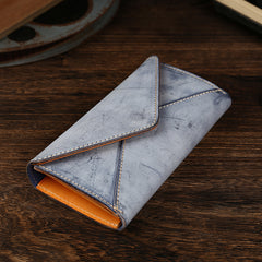 Handmade Leather Mens Gray Envelope Long Wallet Blue Long Wallet Clutch Bag For Men - iwalletsmen