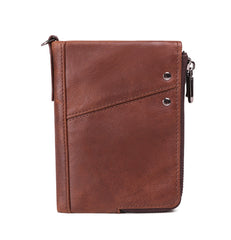 RFID Cool Brown Leather Men's Bifold Small Wallet Zipper billfold Wallet For Men - iwalletsmen