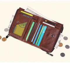 RFID Cool Brown Leather Men's Bifold Small Wallet Zipper billfold Wallet For Men - iwalletsmen