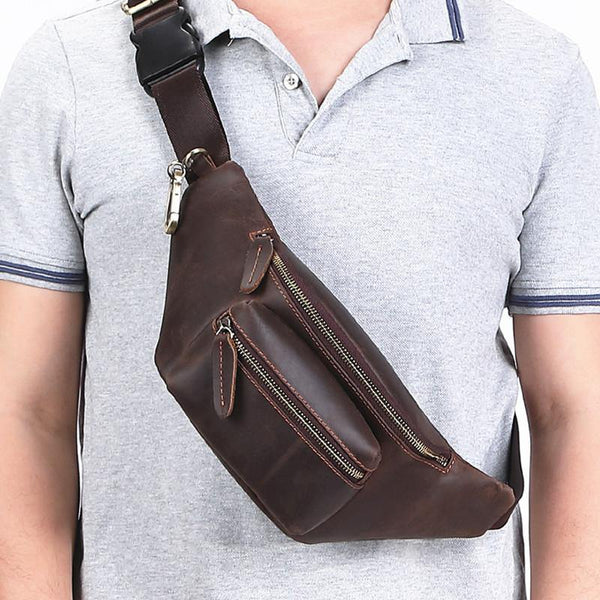 Brown MENS LEATHER FANNY PACK BUMBAG Hip Pack Brown Leather WAIST BAGS for Men - iwalletsmen