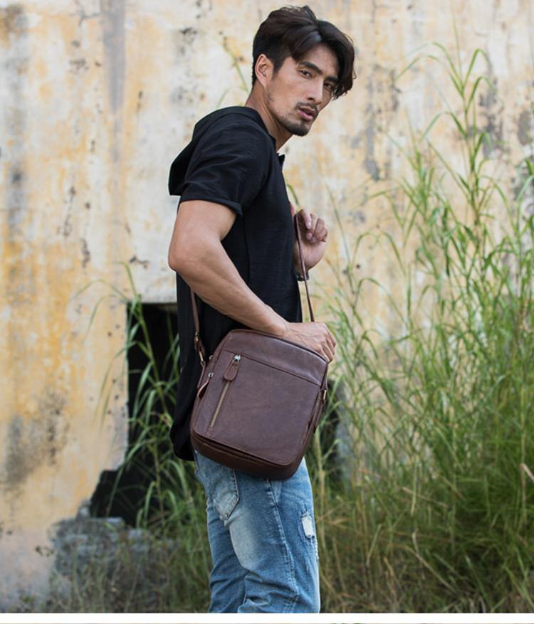 Cool Brown Leather Mens Vertical Side Bag Postman Bag Small