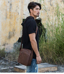 Cool Brown Leather Mens Vertical Side Bag Postman Bag Small Messenger Bags Courier Bag for Men - iwalletsmen