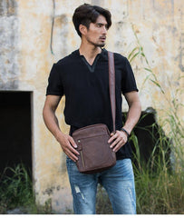 Cool Brown Leather Mens Vertical Side Bag Postman Bag Small Messenger Bags Courier Bag for Men - iwalletsmen