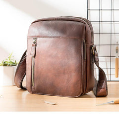 Cool Brown Leather Mens Vertical Side Bag Postman Bag Small Messenger Bags Courier Bag for Men - iwalletsmen