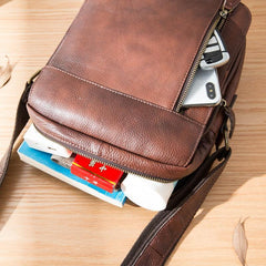 Cool Brown Leather Mens Vertical Side Bag Postman Bag Small Messenger Bags Courier Bag for Men - iwalletsmen