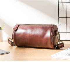 Red Brown Cool Leather Mens 8 inches Barrel Side Bag Bucket Messenger Bags Courier Bag for Men - iwalletsmen
