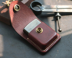 Red Brown Handmade Leather Mens Zippo Lighter Case With Belt Loop Cool Standard Zippo Lighter Holders For Men - iwalletsmen