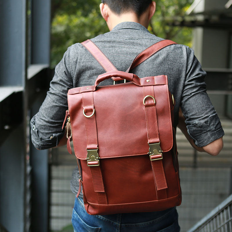 Red leather backpack mens store