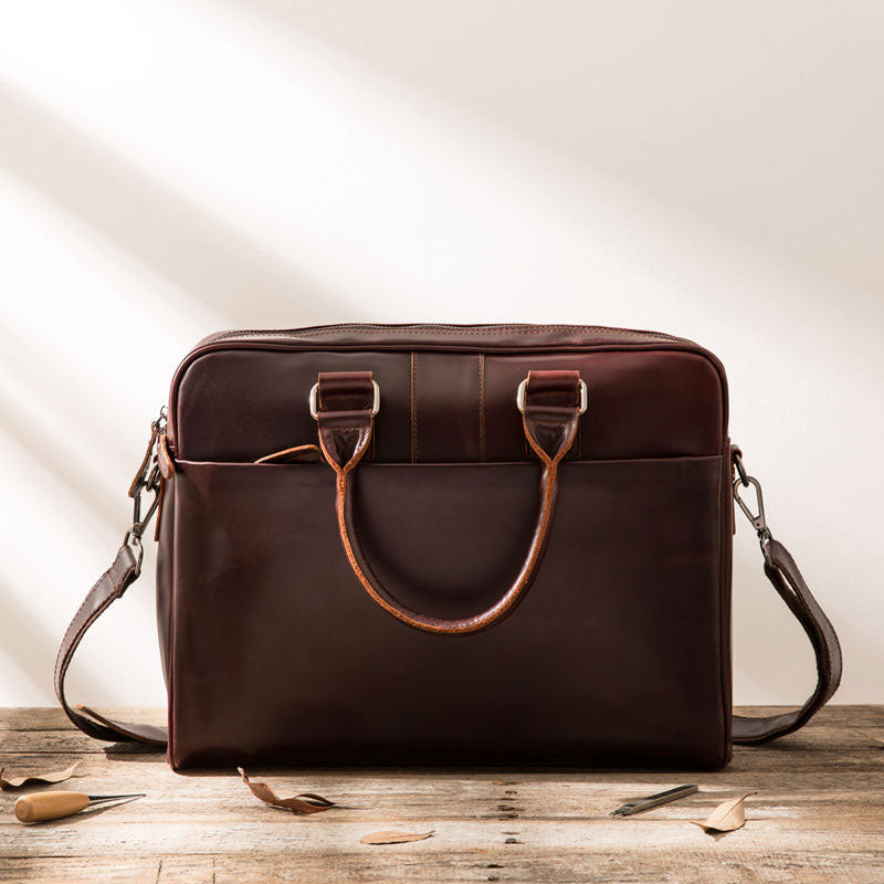 Red Brown Leather Mens Briefcase Work Bag Laptop Bag Business Bag