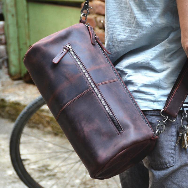 Red Brown Leather Mens Casual Barrel Postman Bag Side Bag Bucket Messenger Bag For Men - iwalletsmen