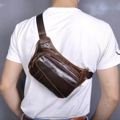 Brown Leather Fanny Pack Men's Black Chest Bag Hip Bag Vintage Waist Bag For Men - iwalletsmen