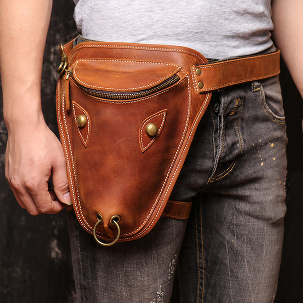 Retro Brown MENS LEATHER FANNY PACK FOR MEN Dark Coffee Ox Head BUMBAG Vintage WAIST BAGS - iwalletsmen